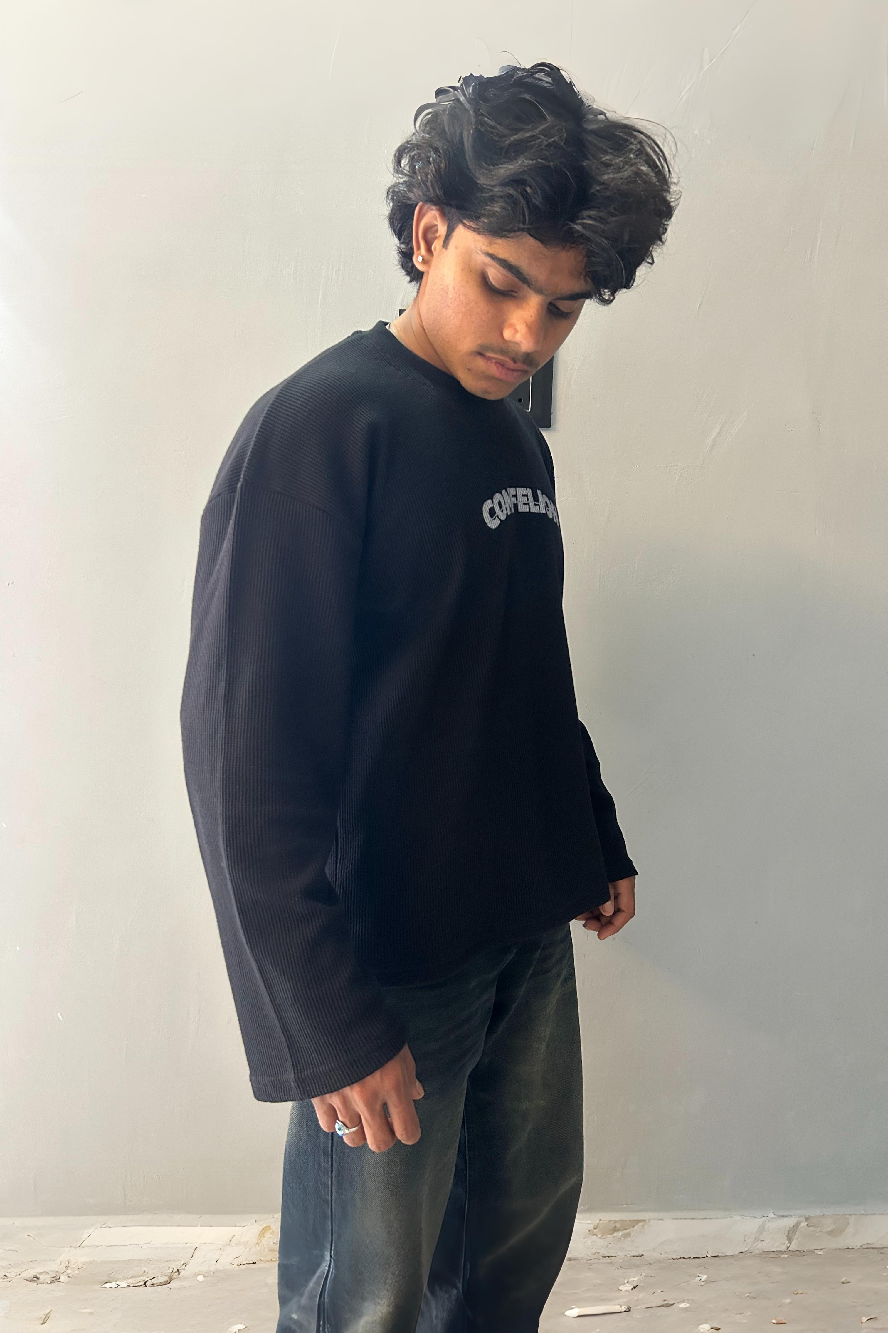 BLACK WAFFLE KNIT T-SHIRT