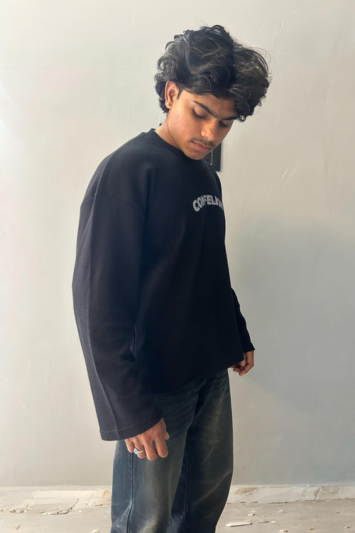 BLACK WAFFLE KNIT T-SHIRT